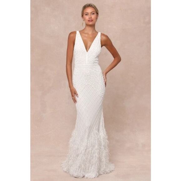 Lulus Weddings “Glamorous Vow” White Beaded Feather Mermaid Maxi Dress – Medium - Picture 1 of 10